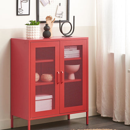 Red Metal Office Cabinet Two Door Locking Cabinet for Home Office Industrial Design