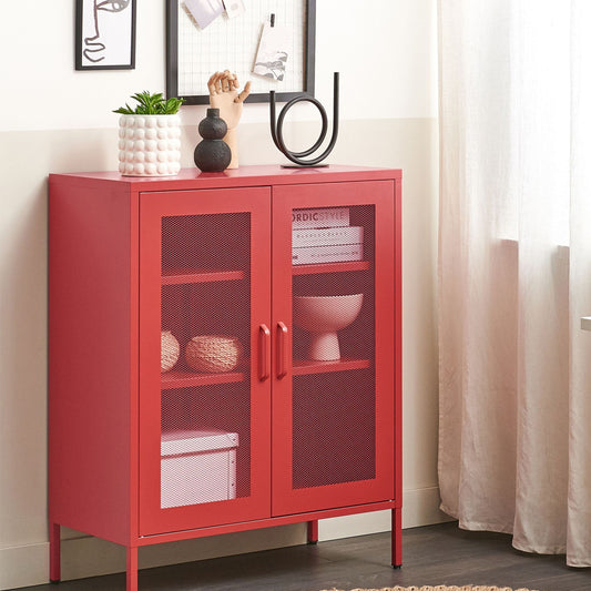 Red Metal Office Cabinet Two Door Locking Cabinet for Home Office Industrial Design