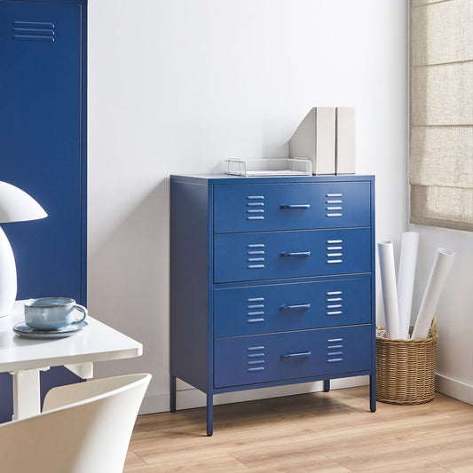 Navy Blue 4 Drawer Metal Chest Durable Industrial Style Storage Cabinet For Home Office