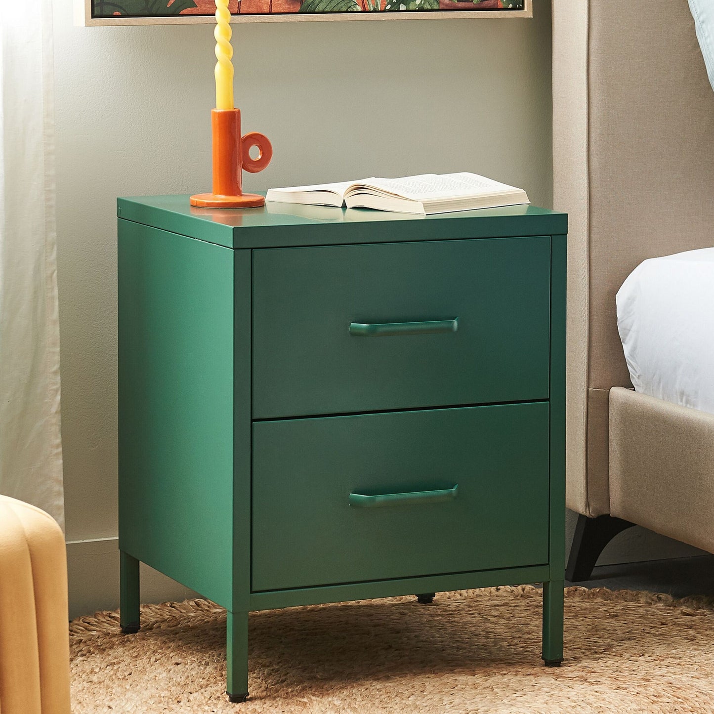 Green Steel Nightstand 2 Drawer Bedside Table