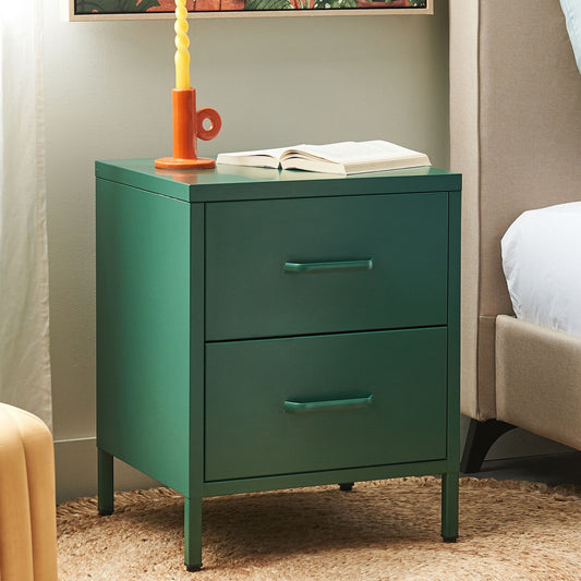 Green Steel Nightstand 2 Drawer Bedside Table