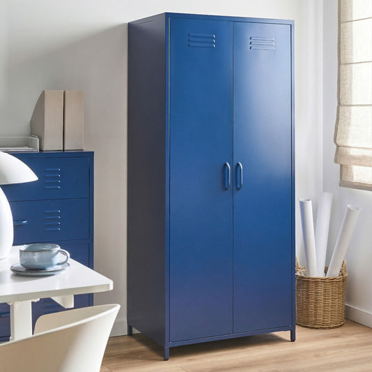 Navy Blue Steel Storage Cabinet 2 Doors 4 Shelves