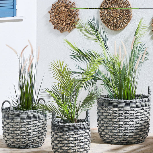 Set of 3 Grey White PE Rattan Plant Baskets with Lining