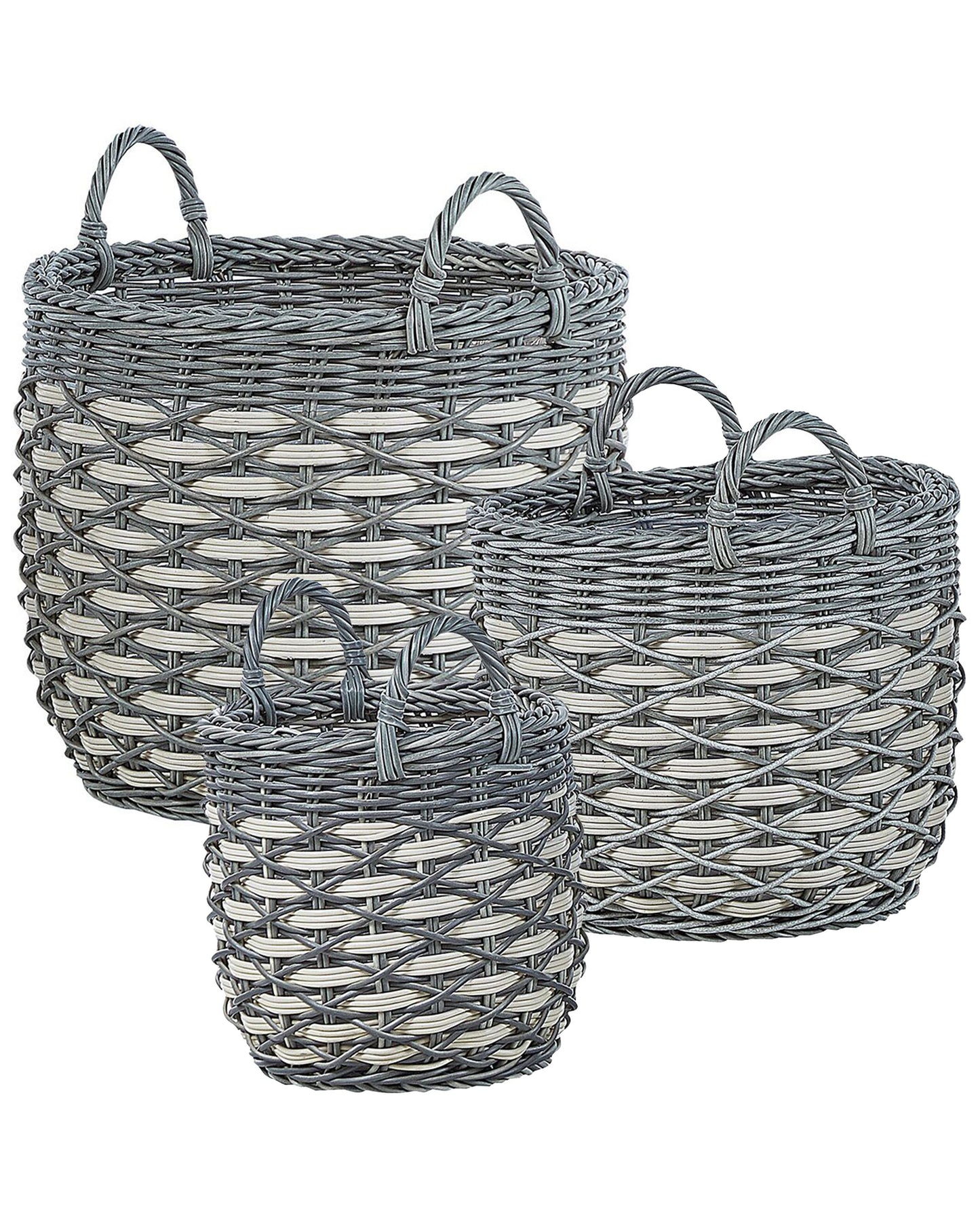 Set of 3 Grey White PE Rattan Plant Baskets with Lining