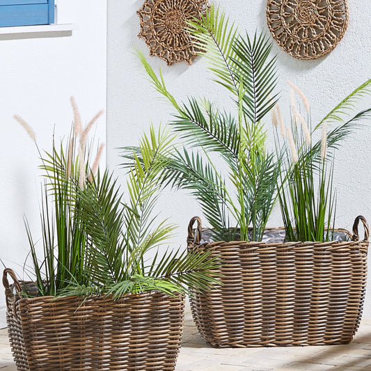 Name Brown PE Rattan Plant Baskets Set Of 2 With Lining