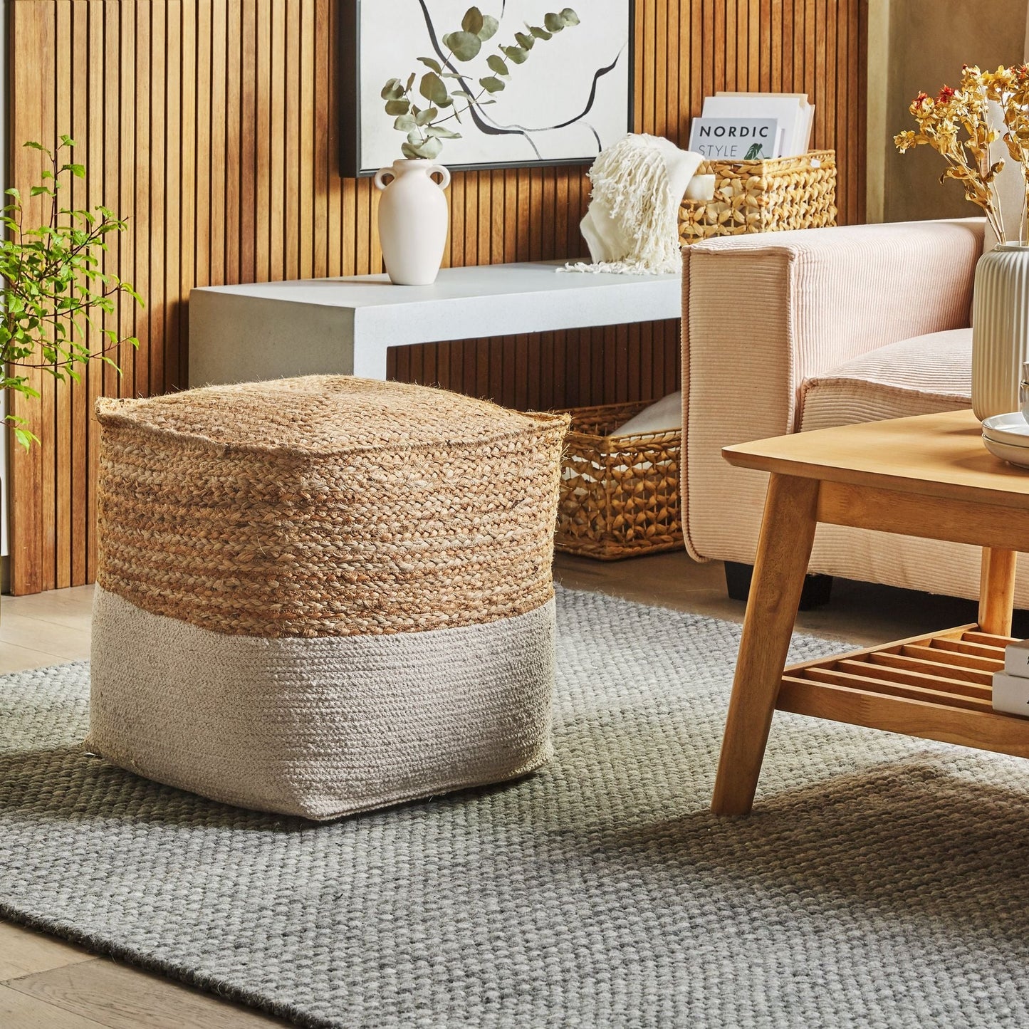 Pouf Ottoman Beige Jute EPS Beads 44 x 44cm Boho