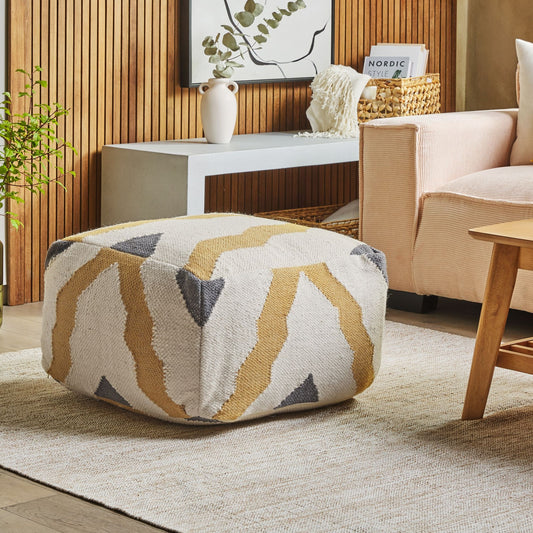 Pouffe Beige Yellow Knitted Boho Rustic