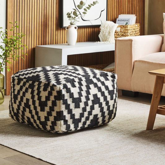 Pouffe Ottoman Black White Wool EPS Beads 56 x 56cm