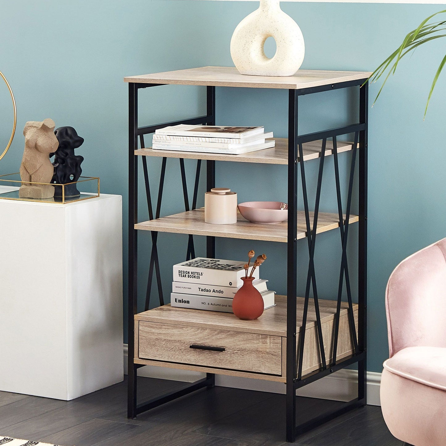 Nexa Console Table TV Stand Dark Brown Metal 3 Shelves 1 Drawer