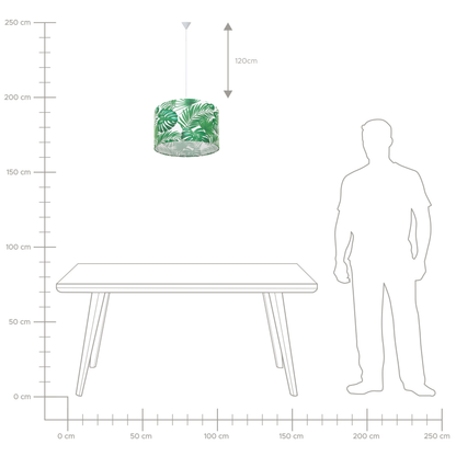Pendant Lamp White Green Fabric Drum Shade With Leaf Pattern 1 Light Ceiling Fixture