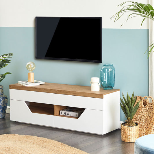 Scandi Style TV Stand White With Light Wood MDF 4 Drawers 2 Shelves Cable Management