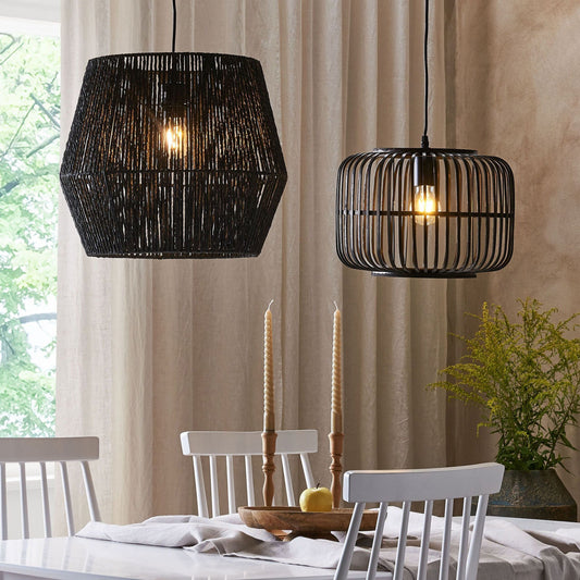 Pendant Lamp Black Bamboo Wood Cage Shade Adjustable Cable