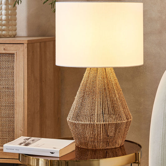 Natural Paper Cord Weave Table Lamp With White Fabric Shade