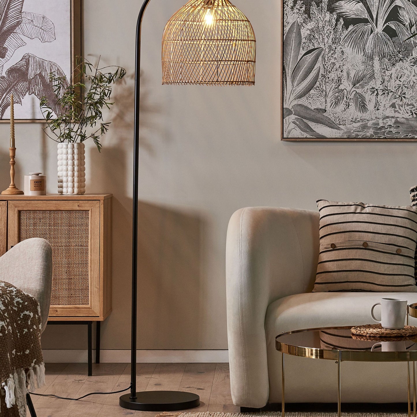 Floor Lamp 165cm Natural Beige Rattan Shade Metal Arm