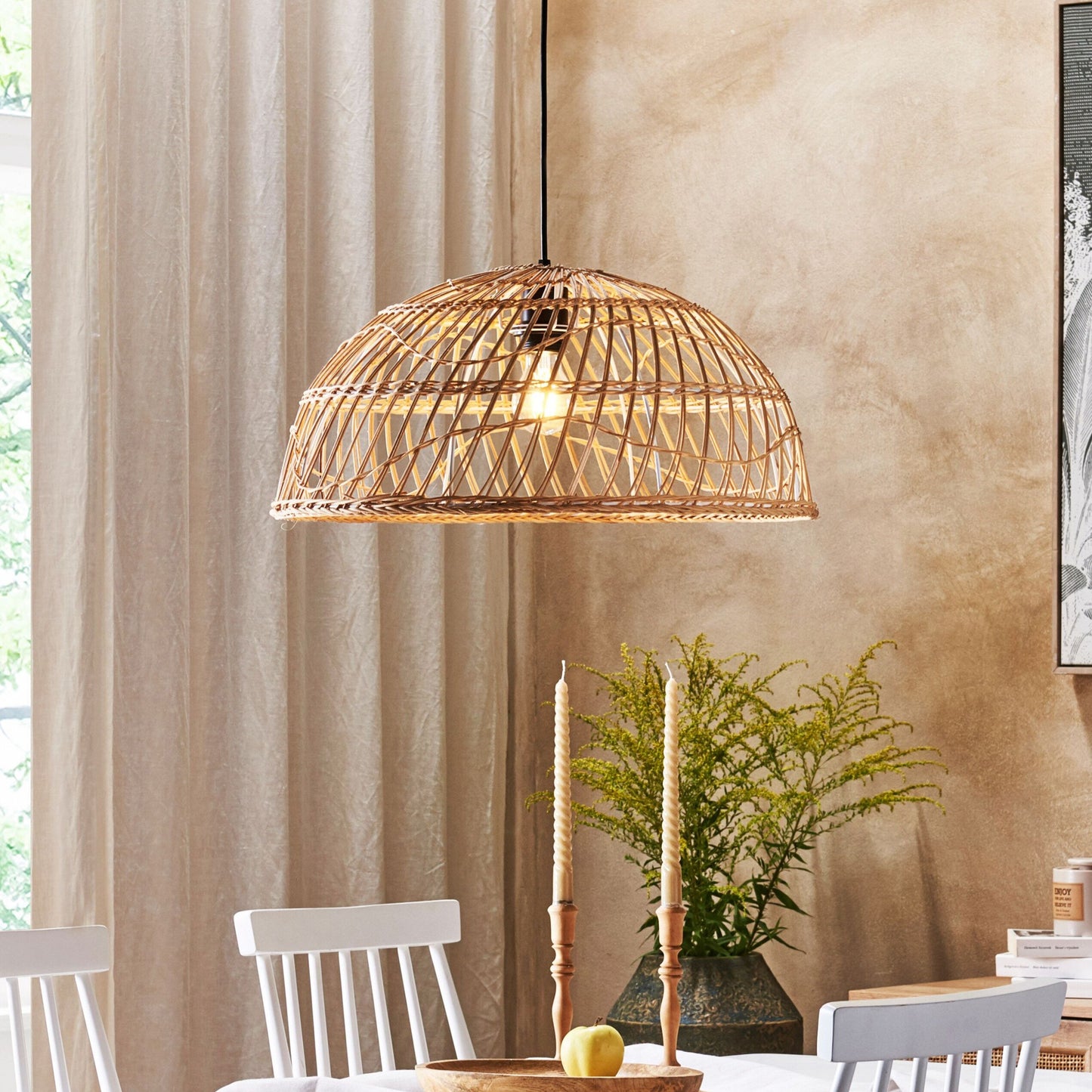 Pendant Lamp Natural Beige Rattan Open Work Shade Black Cord