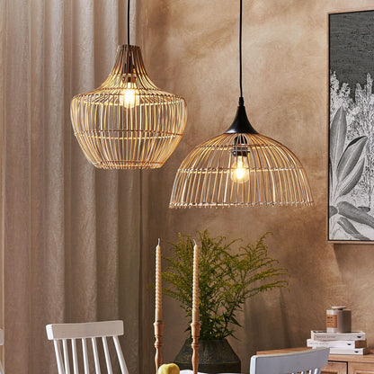 Aura Home Pendant Lamp Beige Rattan Open Work Shade Black Cord