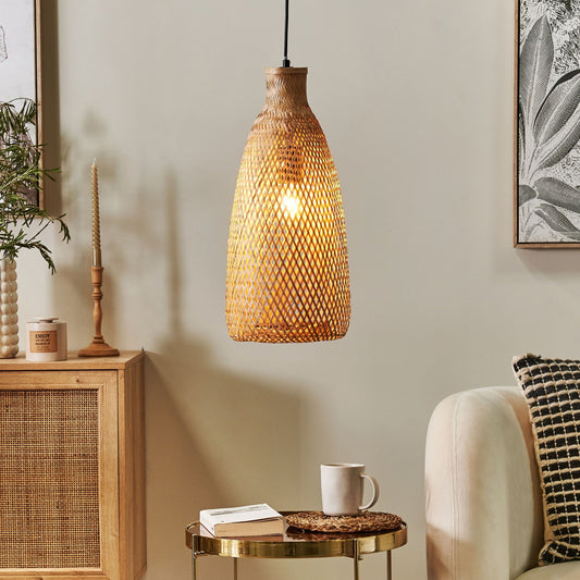 Natural Beige Rattan Pendant Lamp Open Work Shade Black Cord