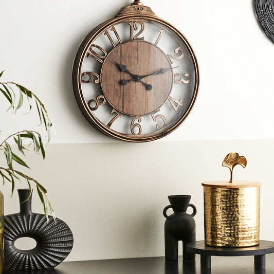 Home Brown Wall Clock 52cm Glass Face Arabic Numerals