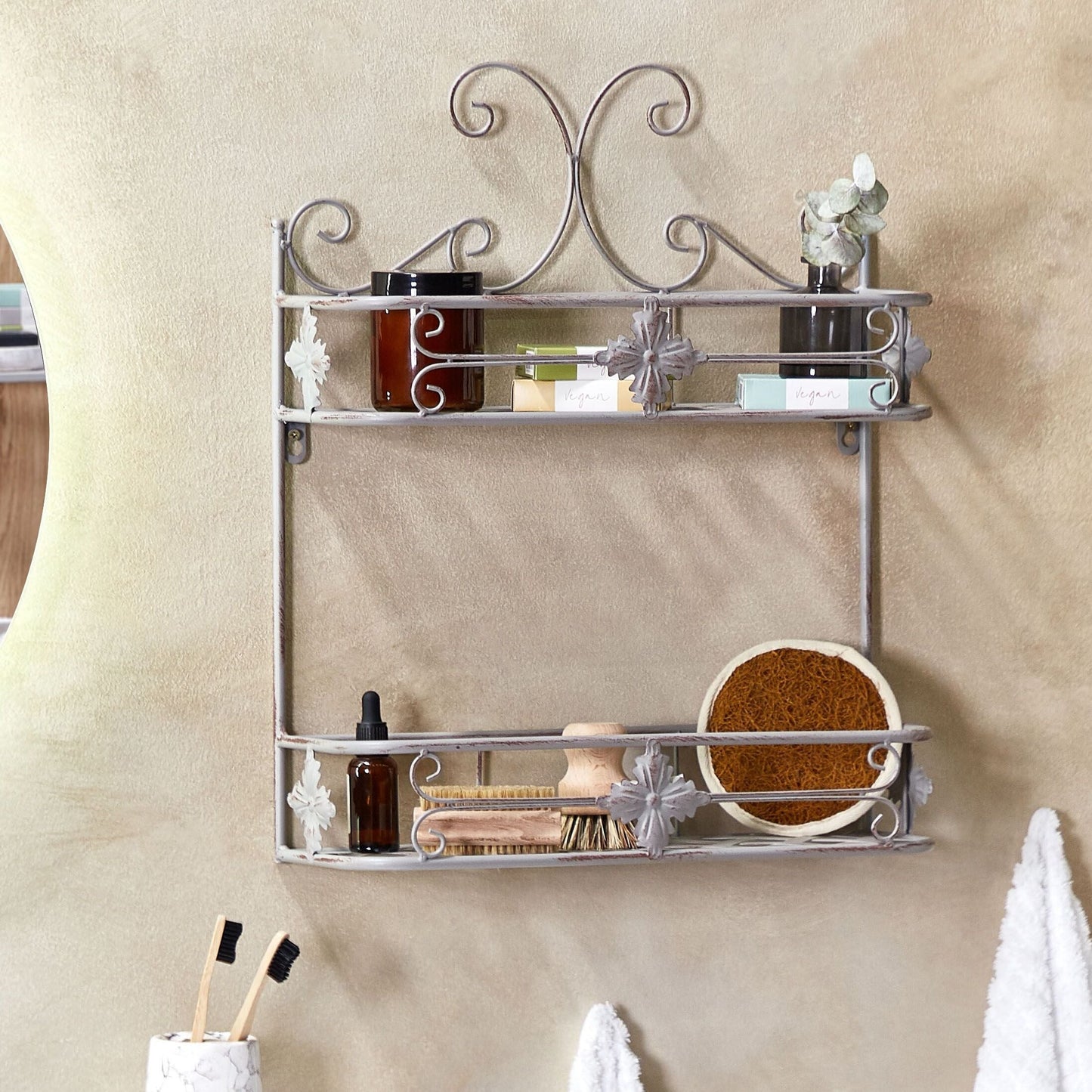 Distressed Grey Metal Bathroom Wall Shelf 52 x 42cm Vintage Floating Organizer