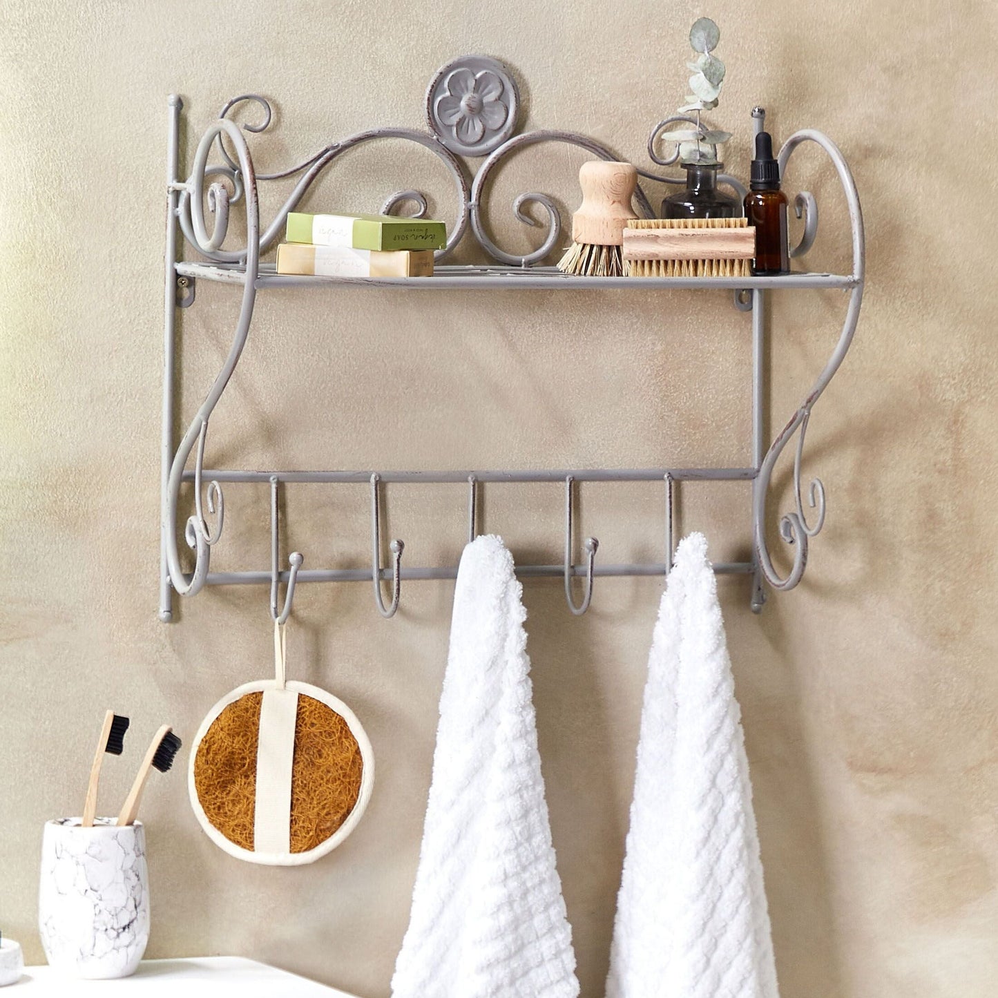 Home Distressed Grey Metal Wall Shelf 42 x 47cm With Hooks