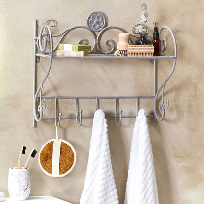 Home Distressed Grey Metal Wall Shelf 42 x 47cm With Hooks