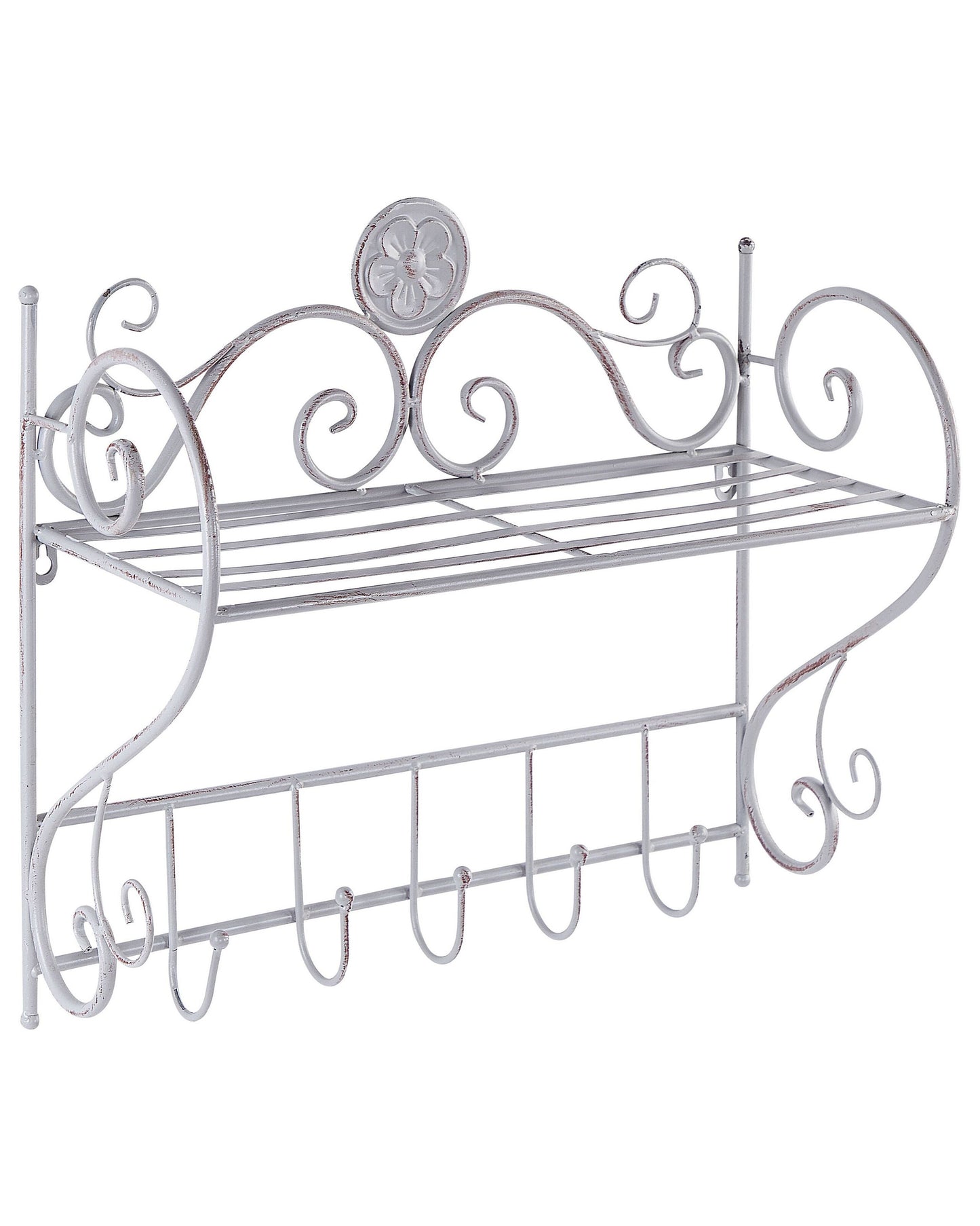 Home Distressed Grey Metal Wall Shelf 42 x 47cm With Hooks