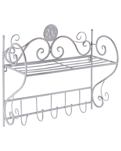 Home Distressed Grey Metal Wall Shelf 42 x 47cm With Hooks