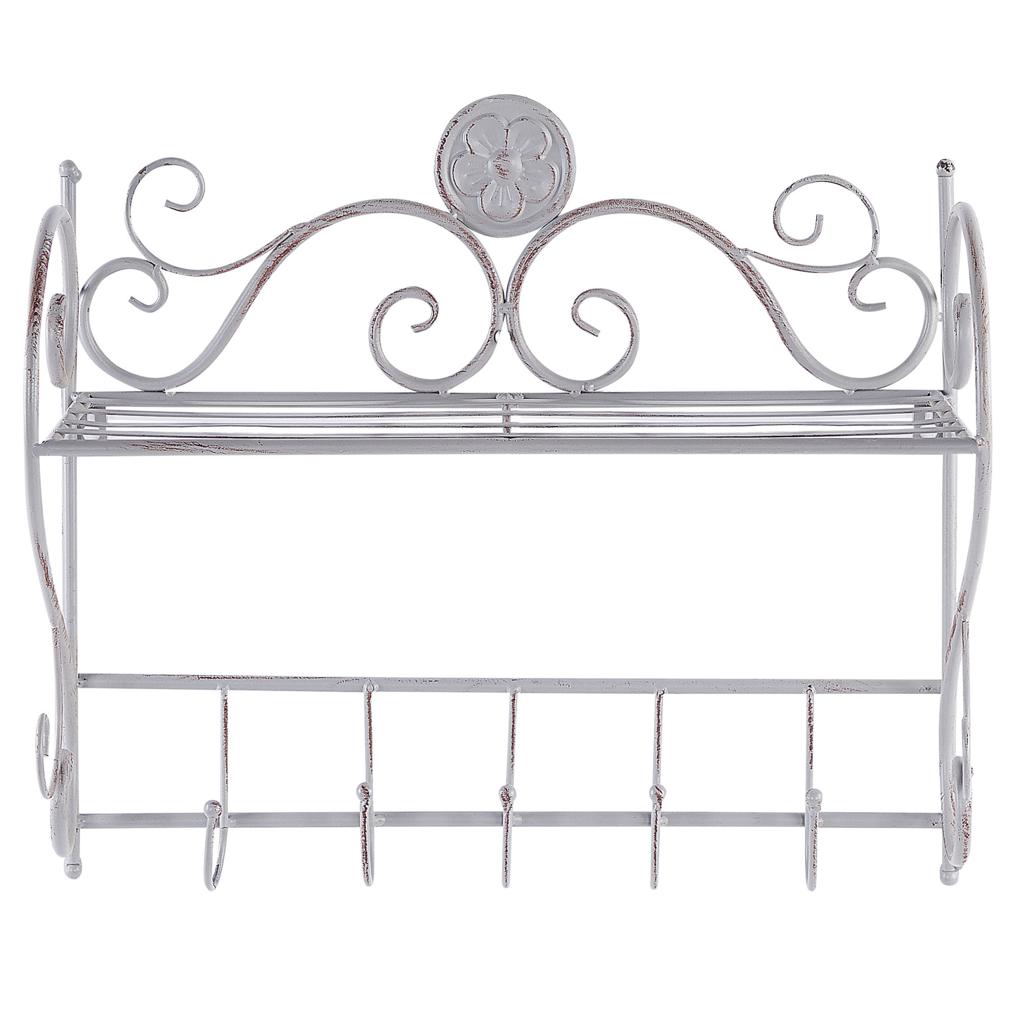Home Distressed Grey Metal Wall Shelf 42 x 47cm With Hooks