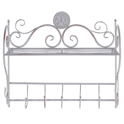 Home Distressed Grey Metal Wall Shelf 42 x 47cm With Hooks