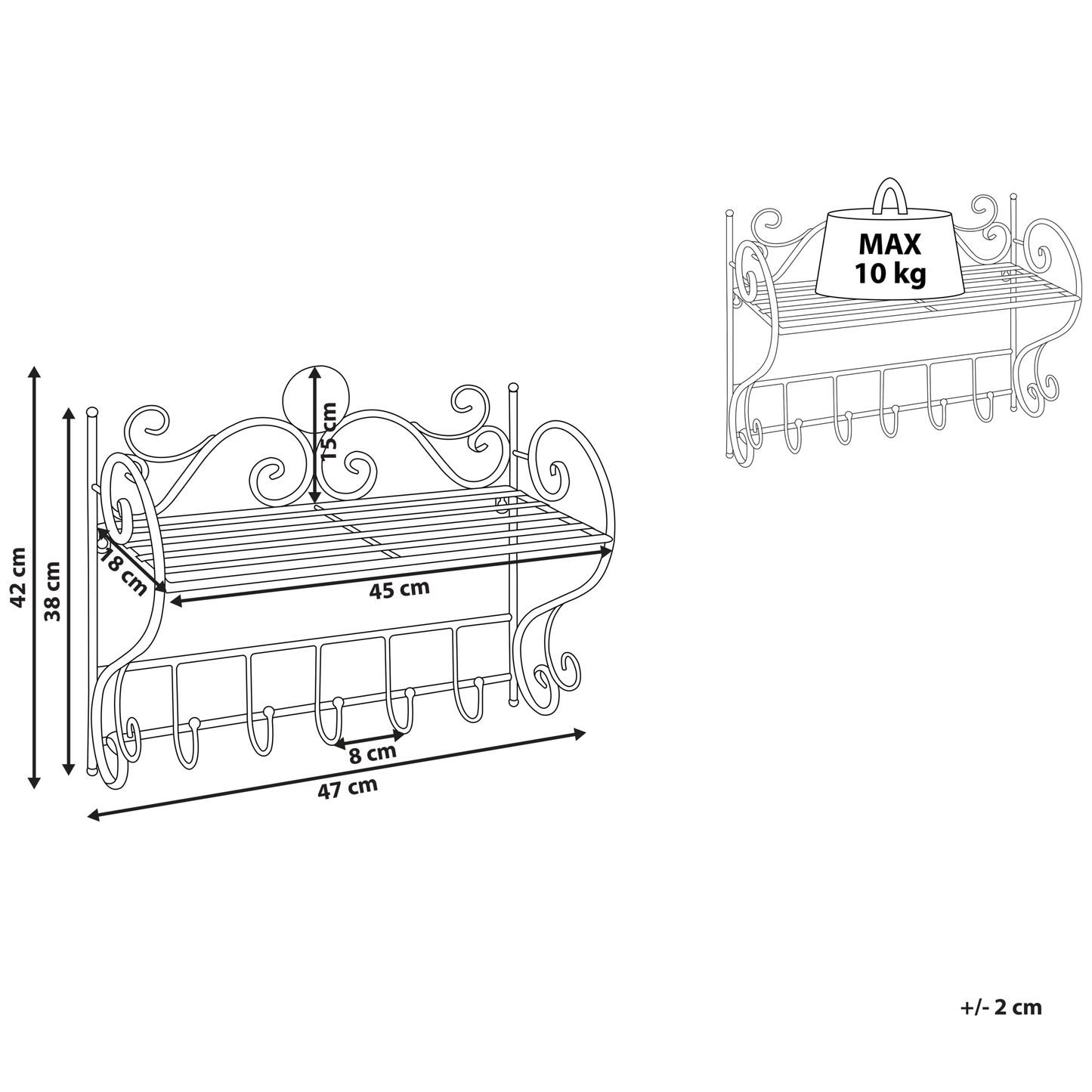 Home Distressed Grey Metal Wall Shelf 42 x 47cm With Hooks