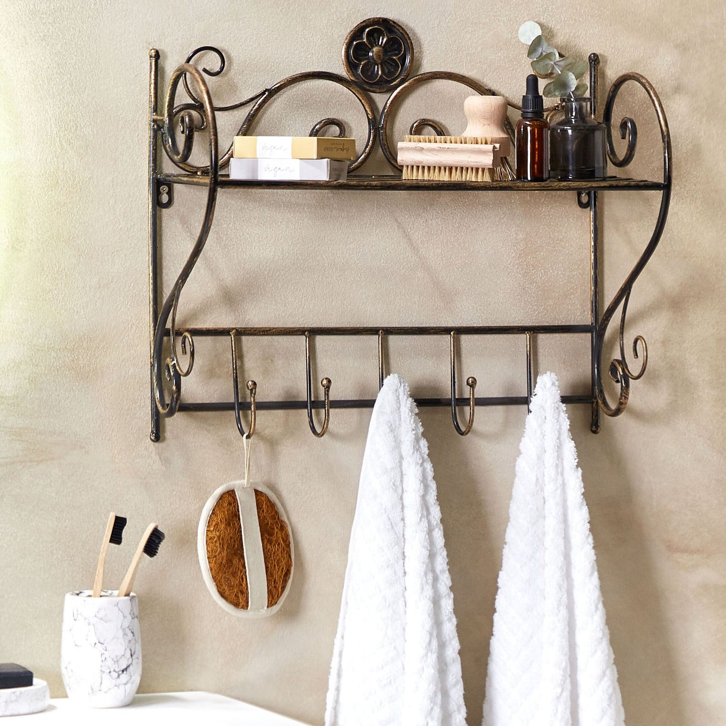 Vintage Bathroom Wall Shelf Black Metal 42 x 47cm Hooks