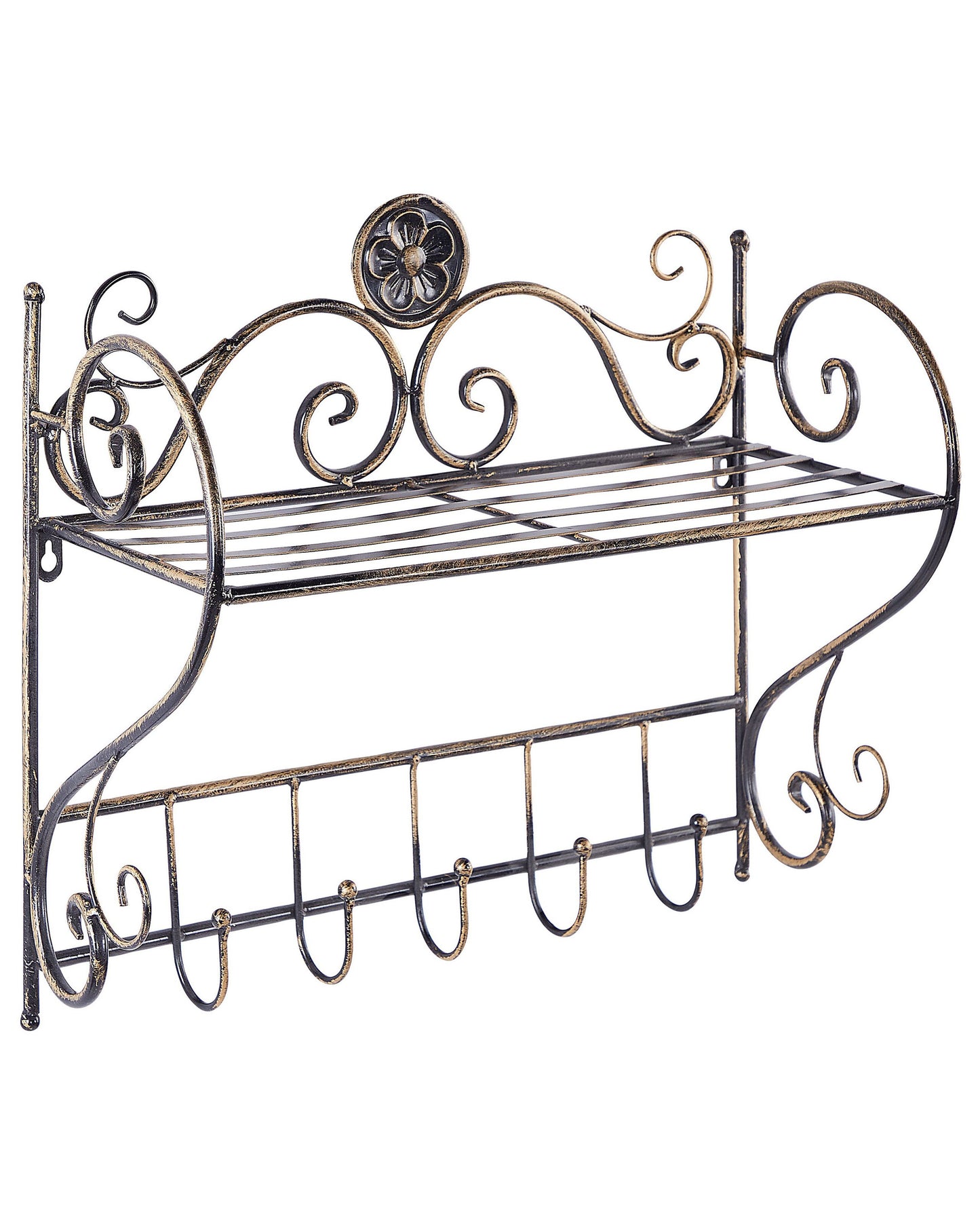 Vintage Bathroom Wall Shelf Black Metal 42 x 47cm Hooks