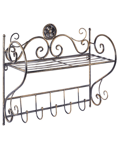Vintage Bathroom Wall Shelf Black Metal 42 x 47cm Hooks