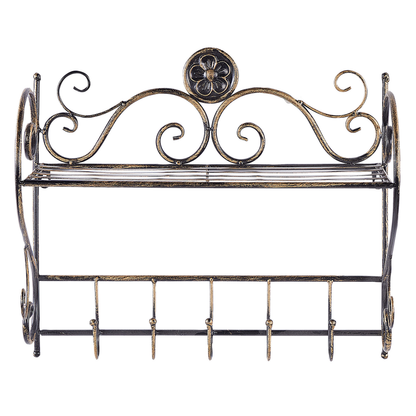 Vintage Bathroom Wall Shelf Black Metal 42 x 47cm Hooks