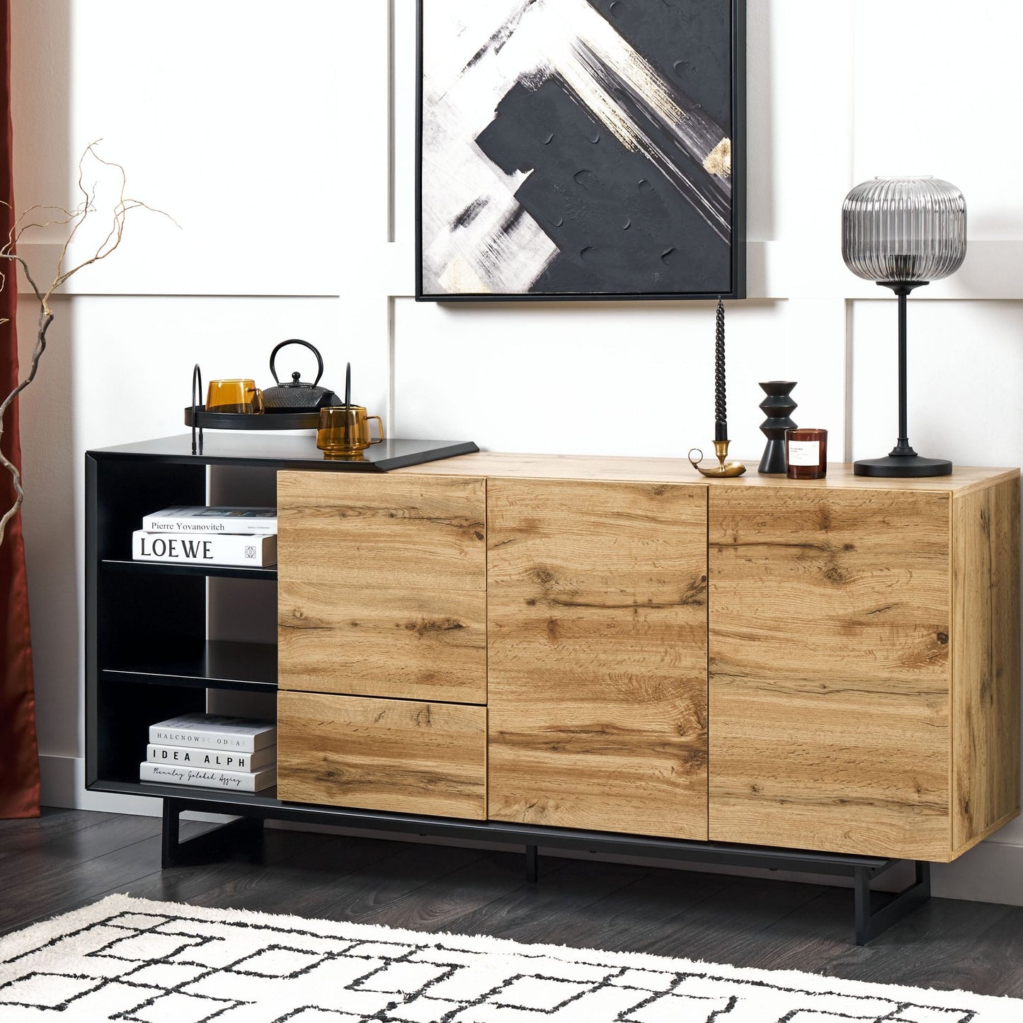 Sideboard Light Brown With Black Drawers Storage Unit