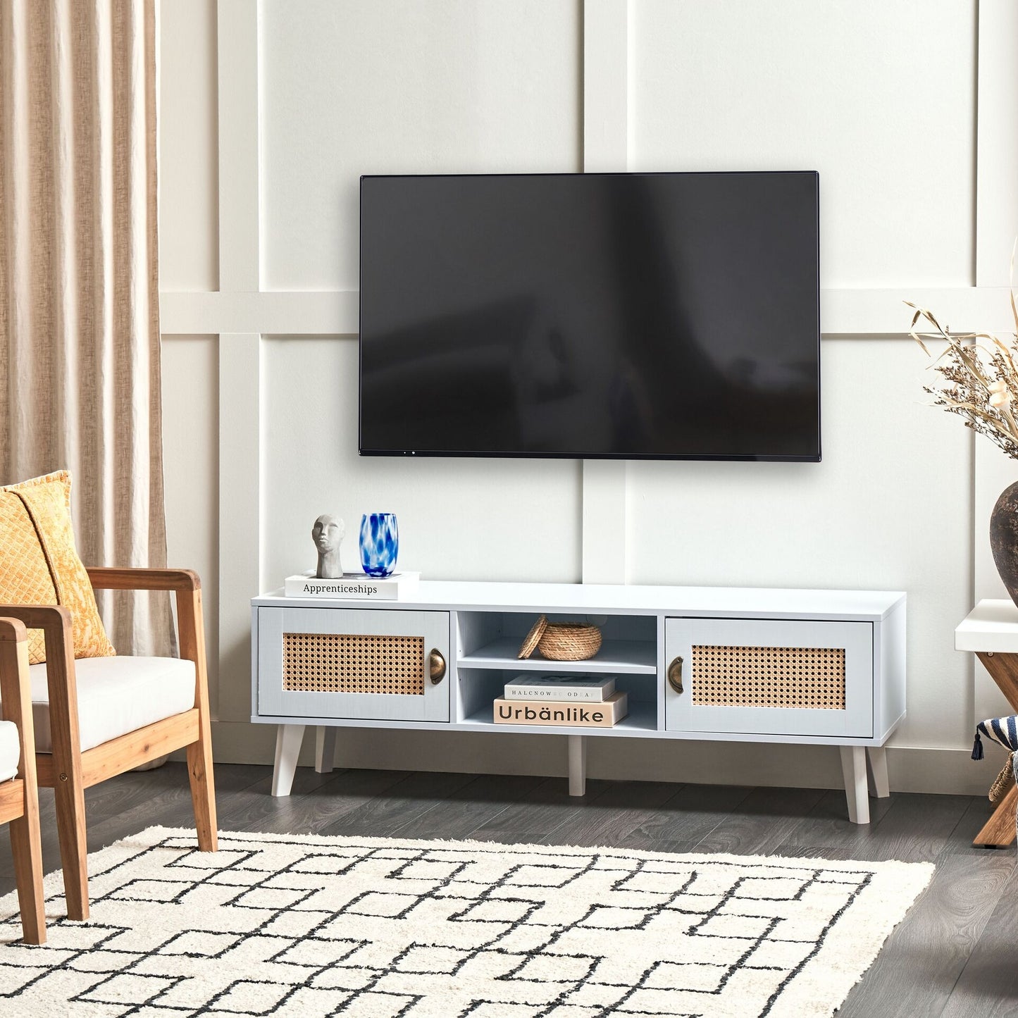 Lumina Vintage TV Stand White Beige Faux Rattan Fronts