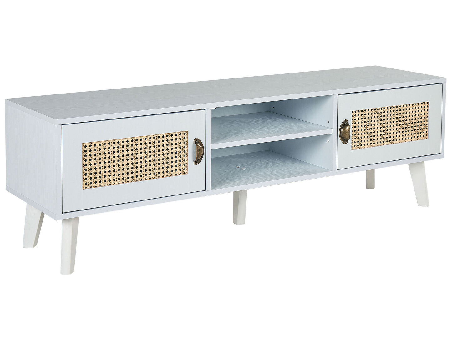Lumina Vintage TV Stand White Beige Faux Rattan Fronts