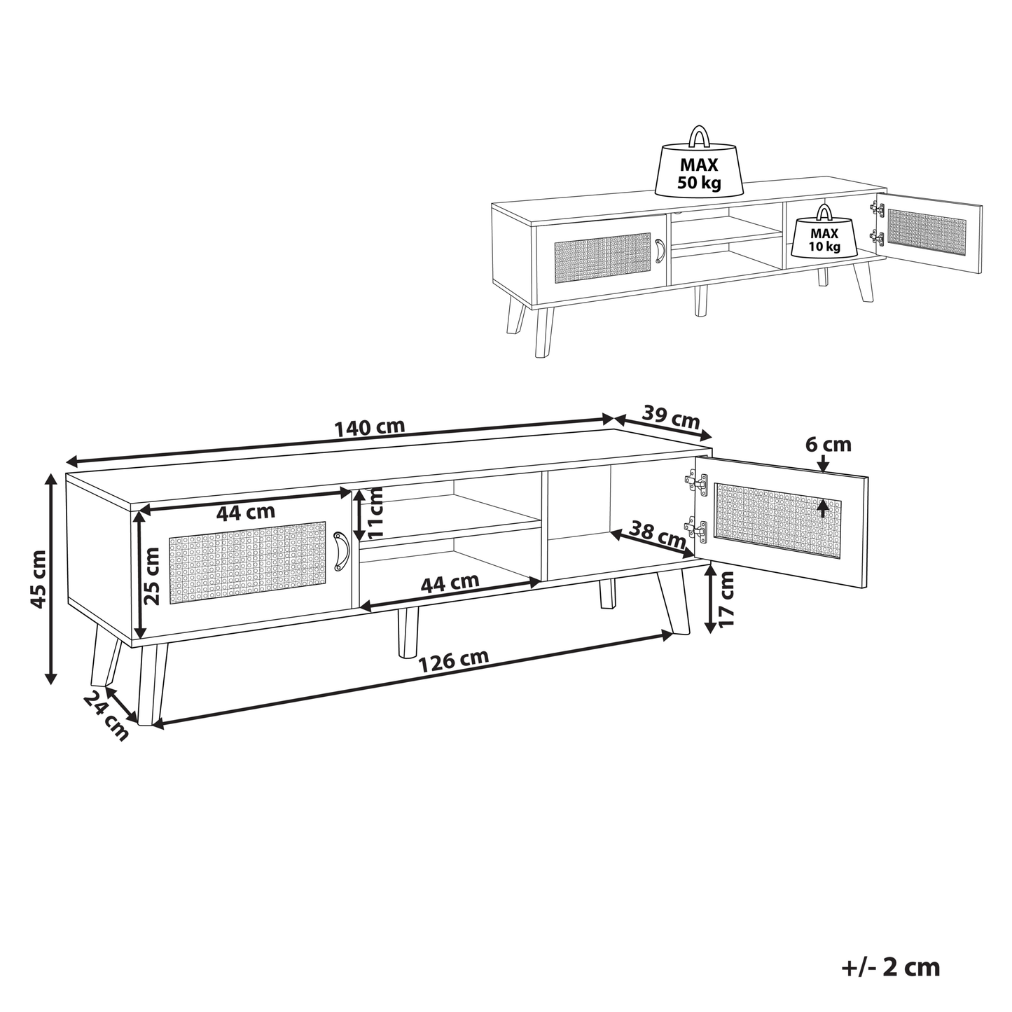 Lumina Vintage TV Stand White Beige Faux Rattan Fronts