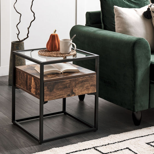 Side Table Dark Brown Glass Top Drawer 43 x 43