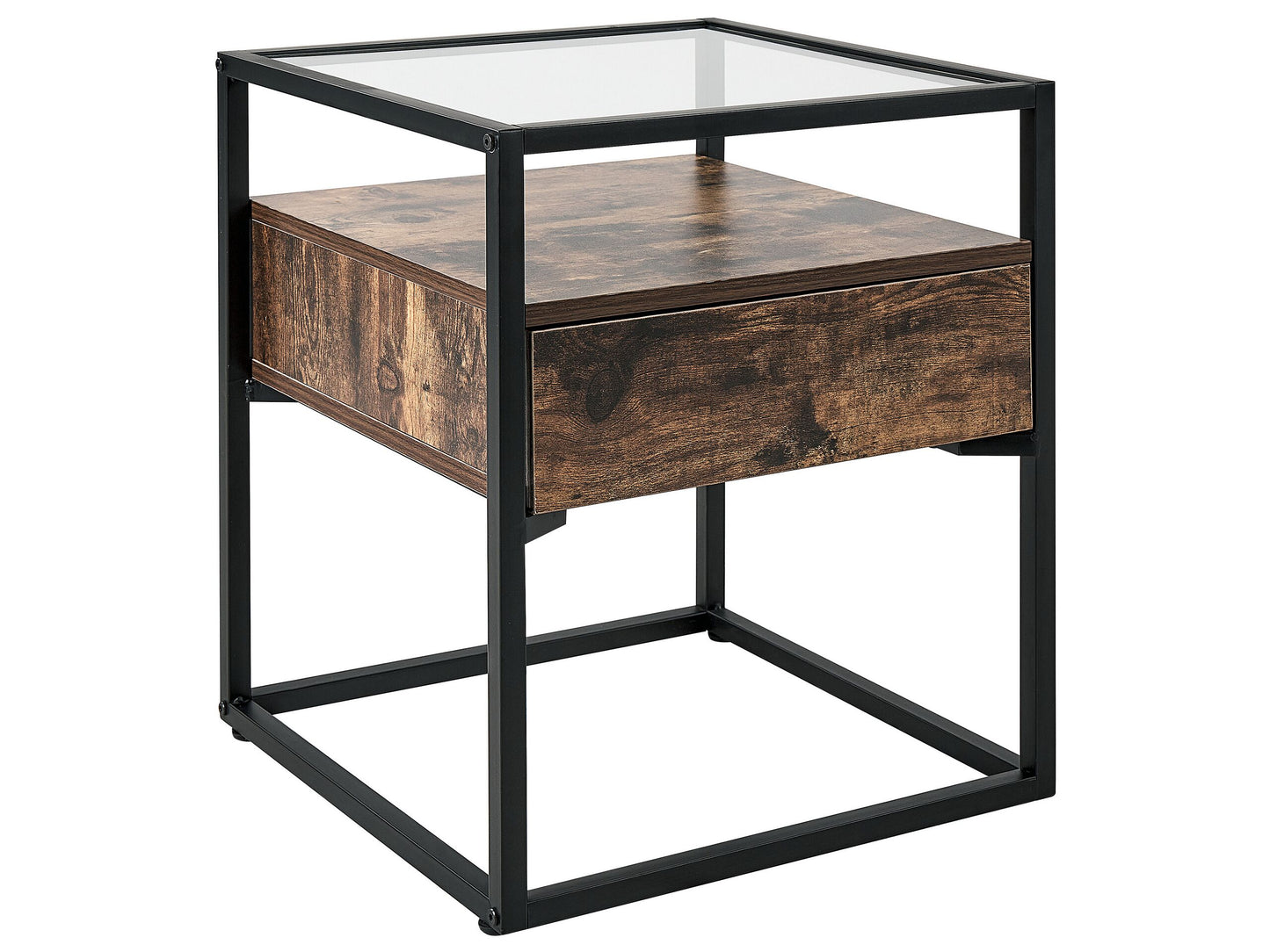 Side Table Dark Brown Glass Top Drawer 43 x 43