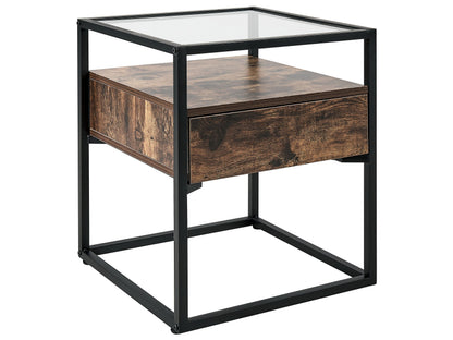 Side Table Dark Brown Glass Top Drawer 43 x 43
