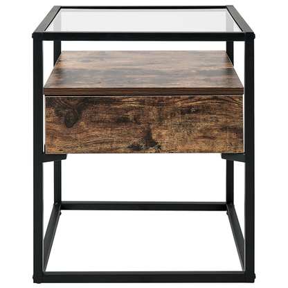 Side Table Dark Brown Glass Top Drawer 43 x 43