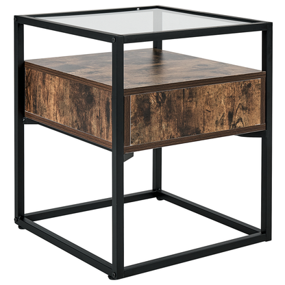 Side Table Dark Brown Glass Top Drawer 43 x 43