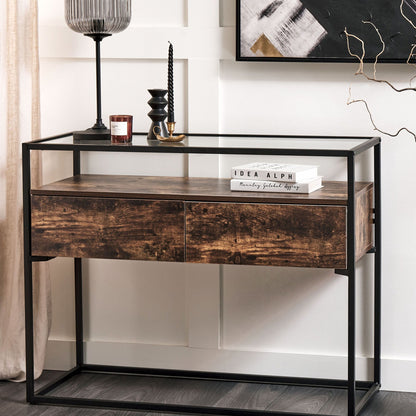 Console Table Dark Brown Black Glass Top Metal Frame 100 x 40cm