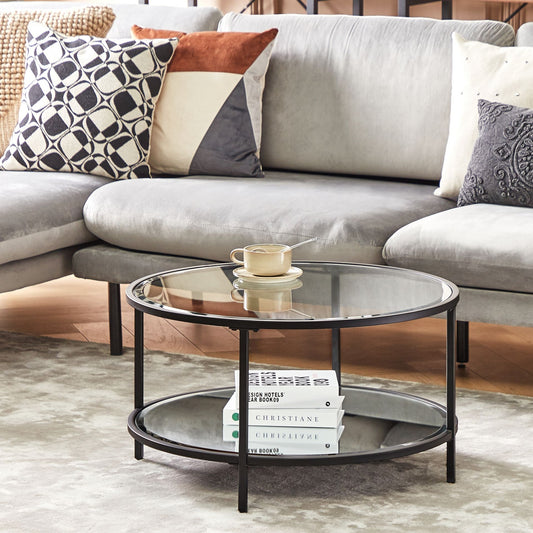 Glamora Round Black Tempered Glass Coffee Table With Mirrored Shelf 70cm Modern Living Room