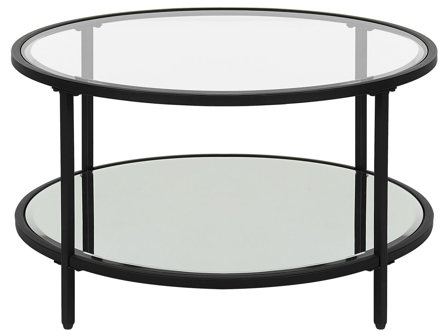 Glamora Round Black Tempered Glass Coffee Table With Mirrored Shelf 70cm Modern Living Room