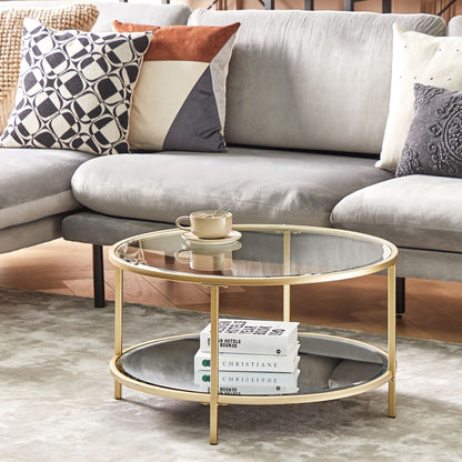Coffee Table Gold Tempered Glass Iron Frame With Shelf 70cm