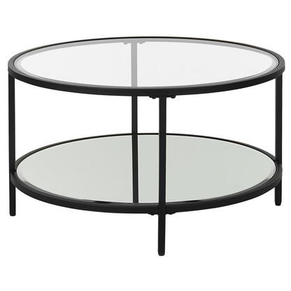 Glamora Round Black Tempered Glass Coffee Table With Mirrored Shelf 70cm Modern Living Room