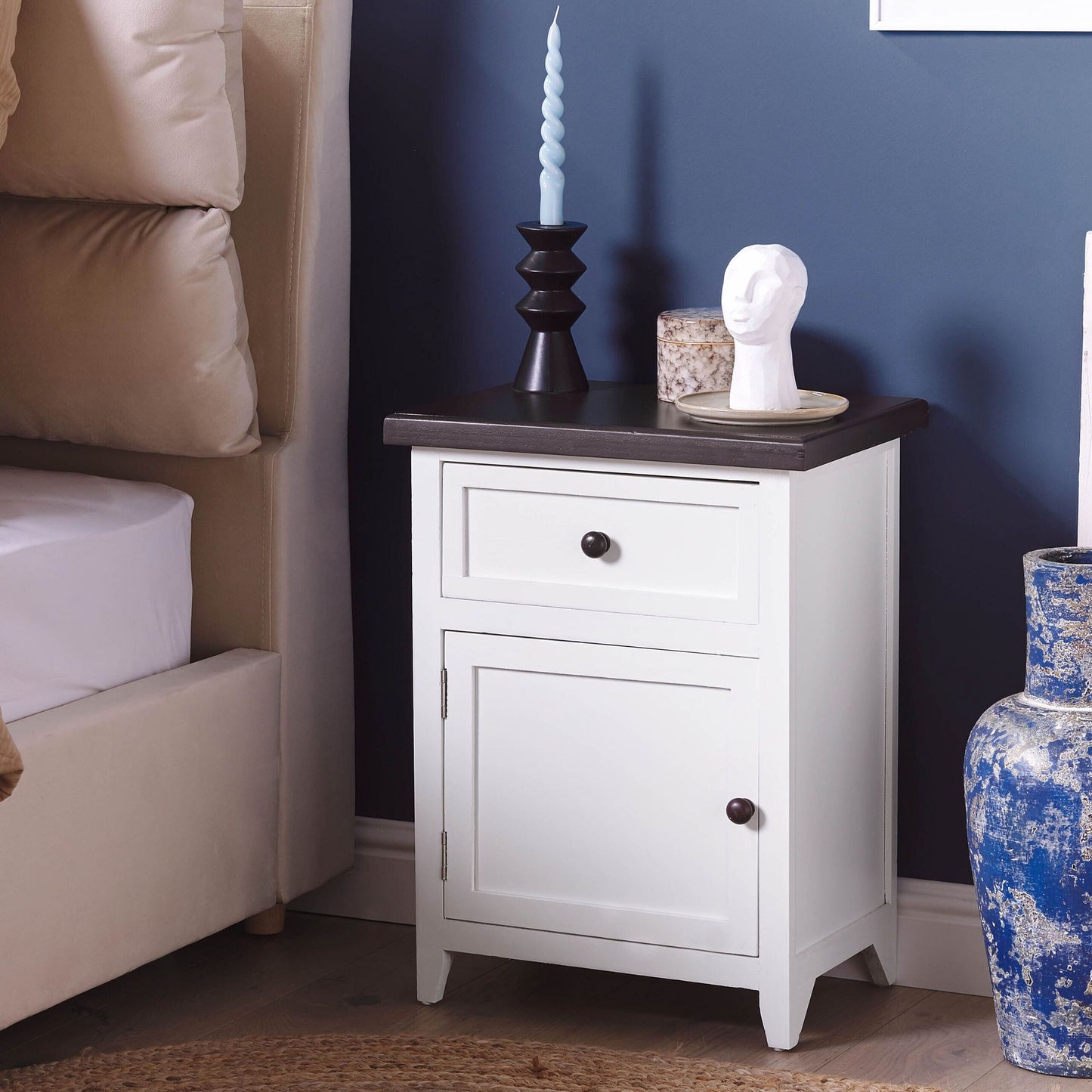 Nightstand White Brown MDF 40x30x55 Cm Drawer Bedside Table Retro