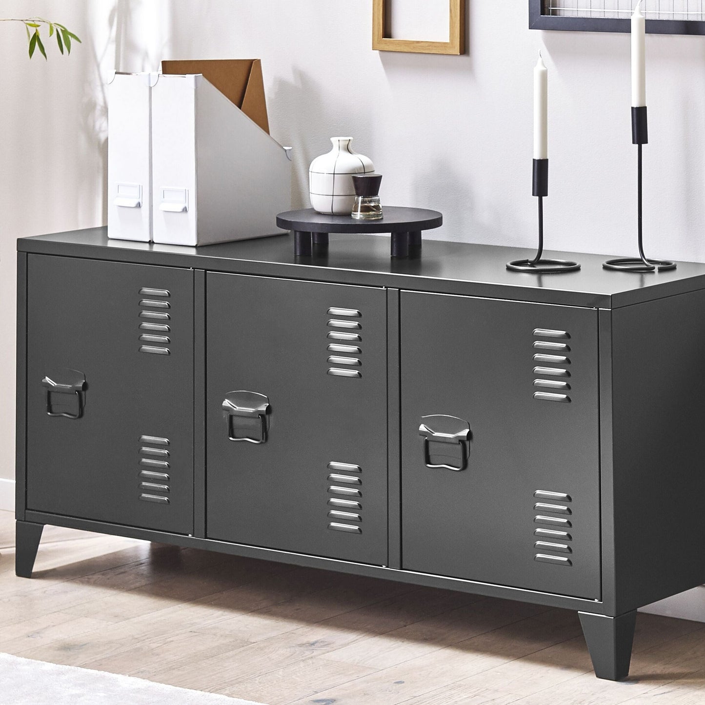 Three Door Sideboard Black Steel With Adjustable Shelves Cable Management Ventilation TV Stand